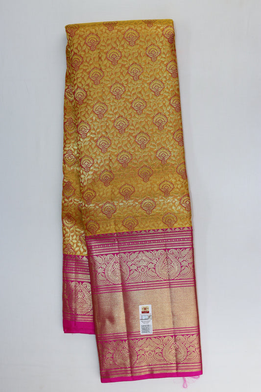 Fine Goldish Yellow Kanchipuram Silk Saree From Weavers and Best on Online