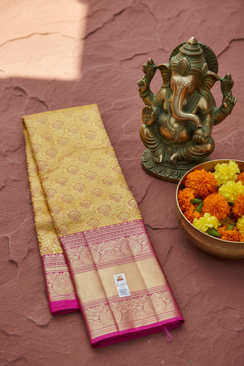 Fine Goldish Yellow Kanchipuram  Silk Saree