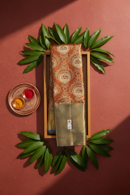 Stunning Melon Orange With Blue Kanchipuram Silk Saree