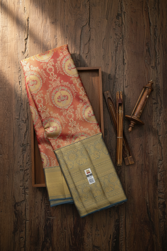 Amazing Coral Pink  Kanchipuram Silk Saree