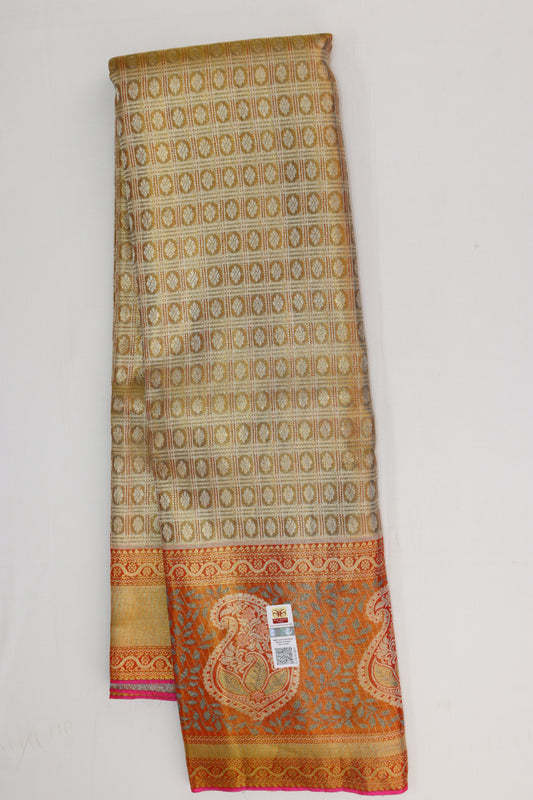 Elegant Beige With Red Kanchipuram Silk Saree