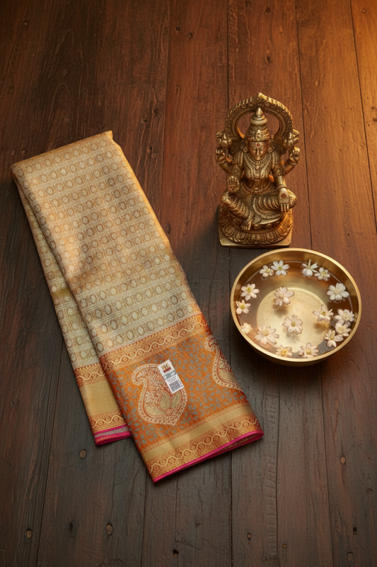 Elegant Beige With Red Kanchipuram Silk Saree