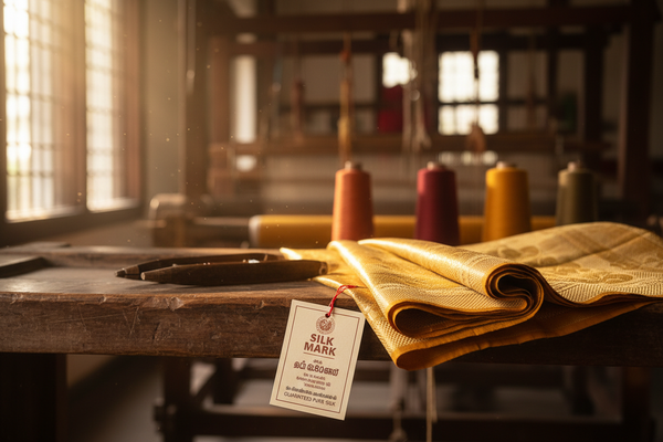 Ultra-realistic cinematic photograph inside a traditional South Indian handloom weaving workspace. A freshly woven pure Kanchipuram silk saree is laid gracefully across a wooden loom bench, its rich silk sheen and intricate zari borders glowing under soft natural window light.

In the foreground, a Silk Mark certification tag is clearly visible, gently attached to the saree’s pallu with a traditional thread—crisp, authentic, and legible, symbolizing guaranteed purity. The tag looks official, slightly textur