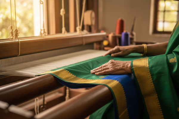 Ultra-realistic cinematic photograph of a pure Kanchipuram silk saree showcased in a traditional South Indian handloom workspace.
The saree is draped elegantly over a polished wooden loom beam, revealing its dense, rich silk body, pure gold zari borders, and impeccable hand-finished edges—every fold sharp, weighty, and heirloom-worthy.

In the foreground, an elderly weaver’s hands (age 60–75) gently smooth the zari border, showing decades of craftsmanship—visible veins, textured skin, steady confidence. The