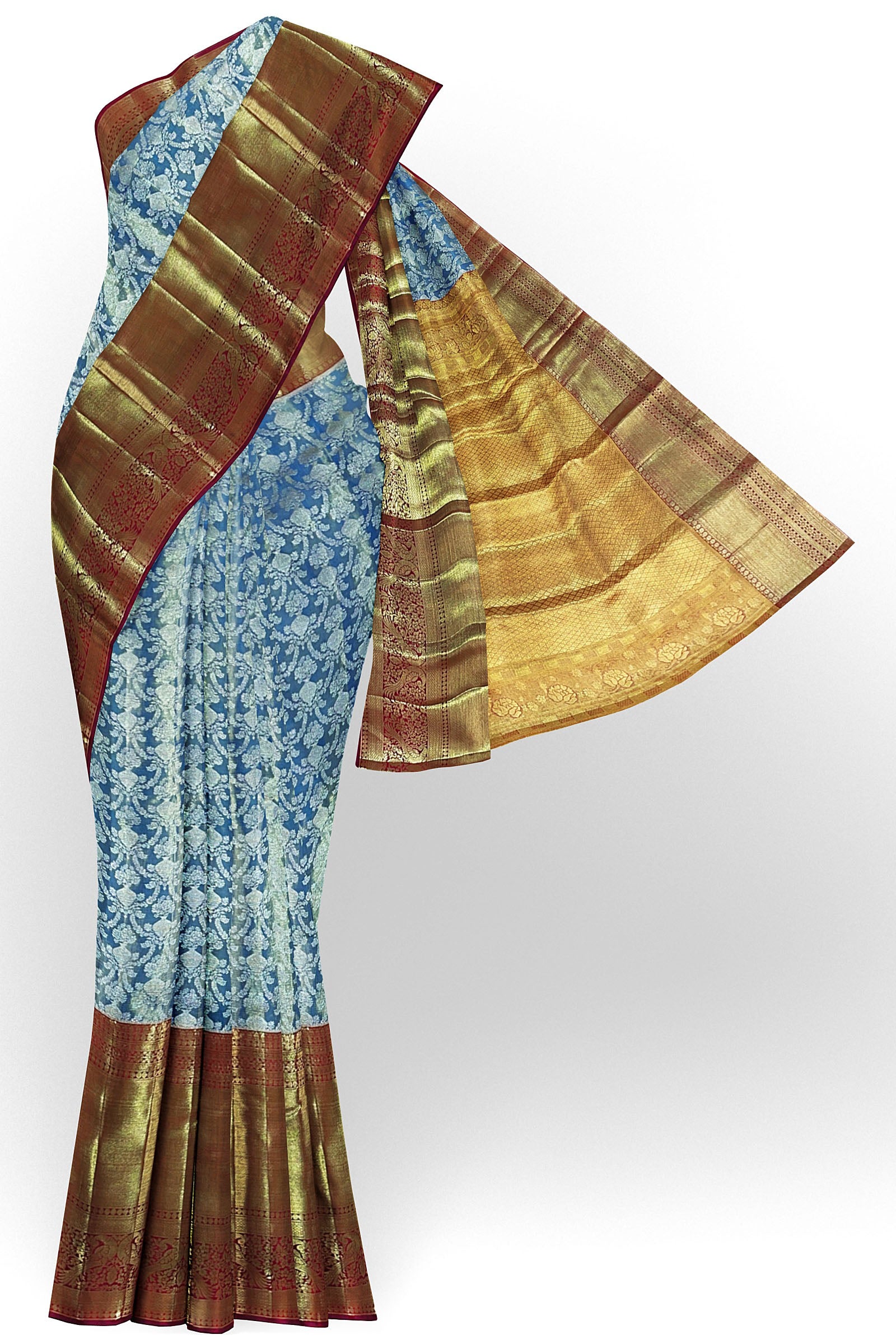 Bright Yellow Kanchipuram Silk Saree with Blue Border main image 0