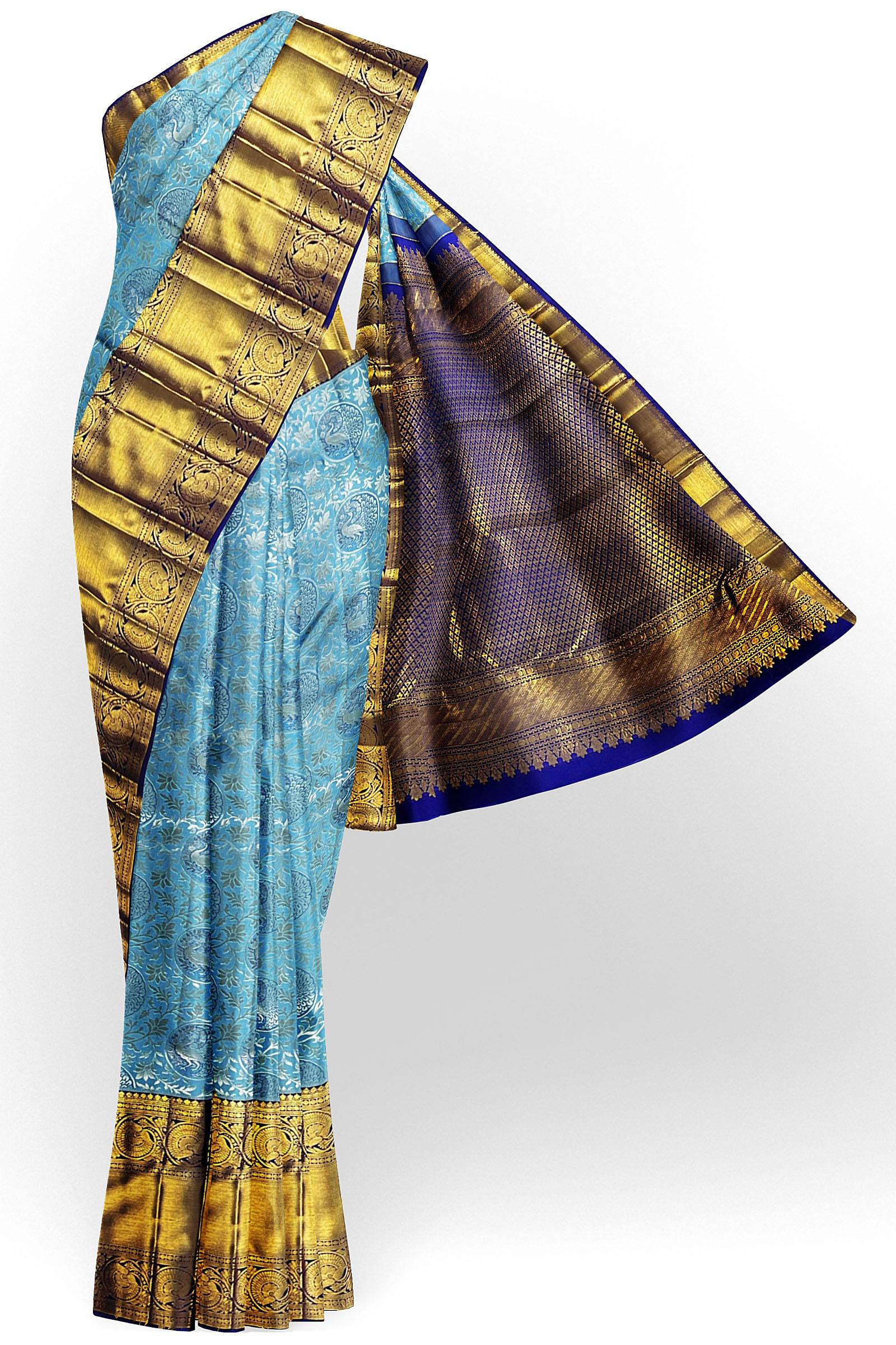 Peacock Blue Kanchipuram Silk Saree With Gold Zari Checks And Pink Kor –  Panjavarnam