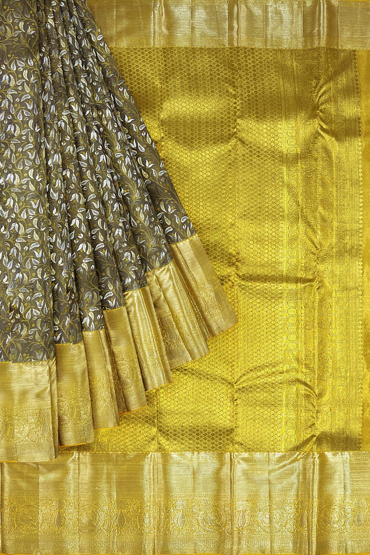 Beautiful Gray with Yellow Kanchipuram Silk Saree From Weavers and Best on Online