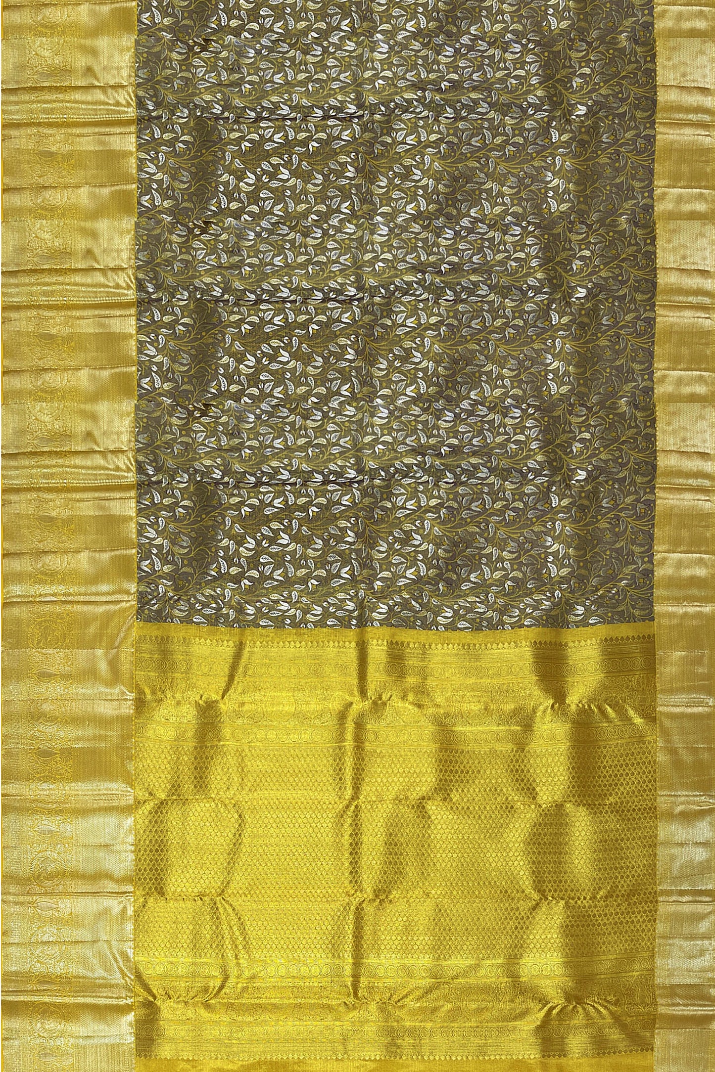 Beautiful Gray with Yellow Kanchipuram Silk Saree From Weavers and Best on Online