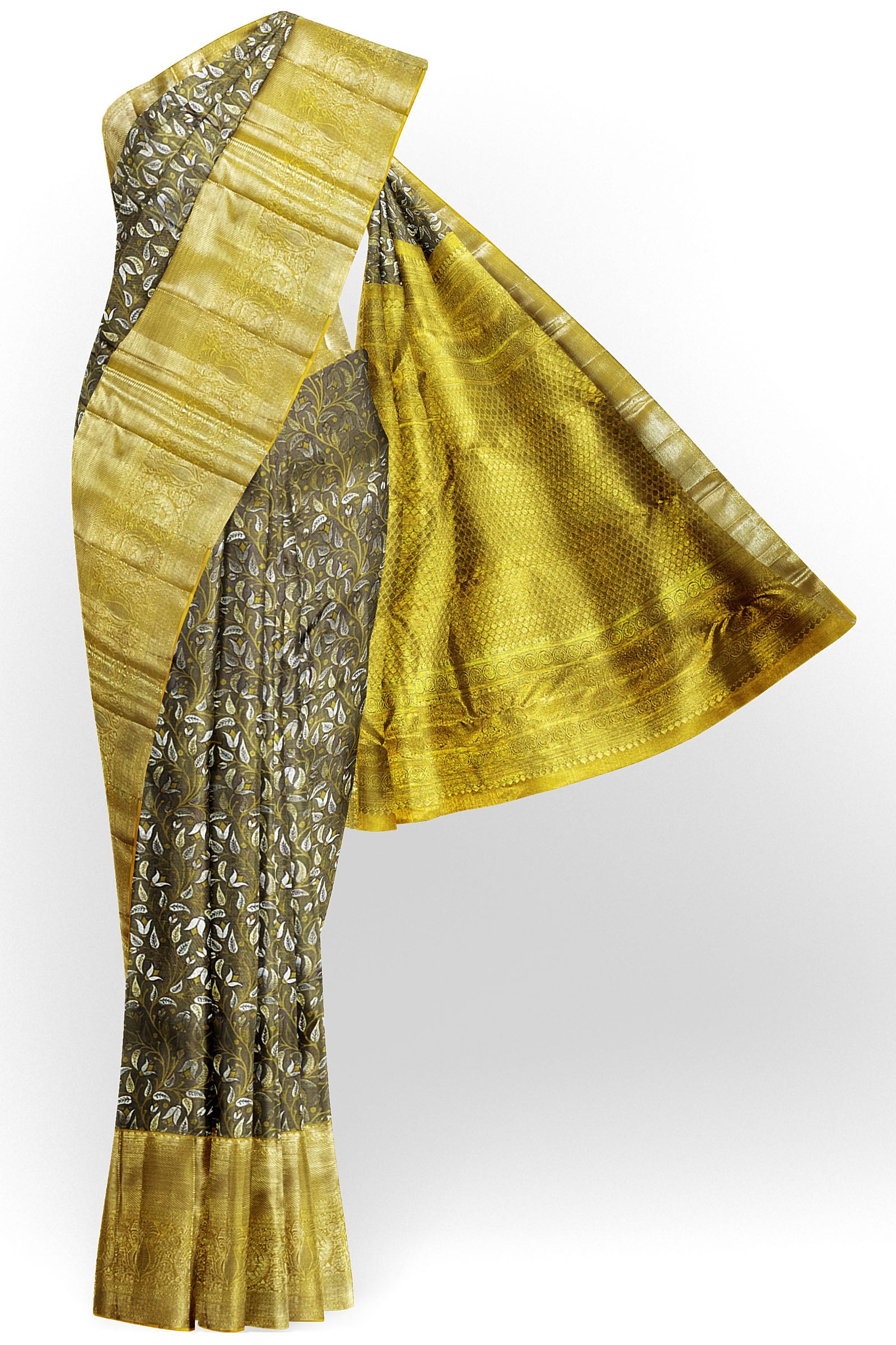 Beautiful Gray with Yellow Kanchipuram Silk Saree From Weavers and Best on Online