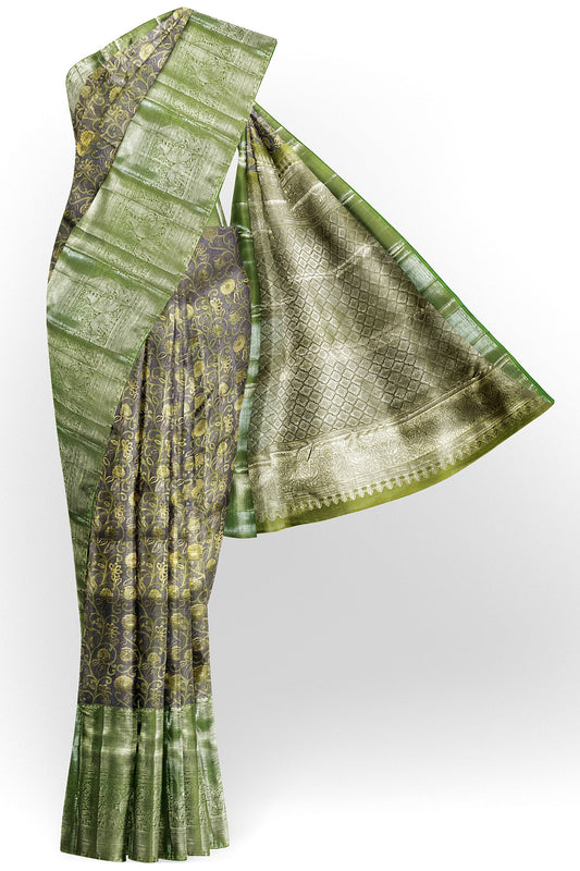 Exotic Fossil Gray with green Kanchipuram Silk Saree From Weavers and Best on Online