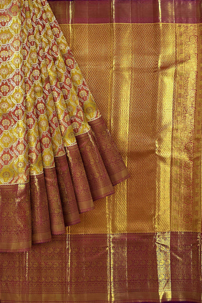Vibrant Yellow & Marron Kanchipuram Silk Saree From Weavers and Best on Online