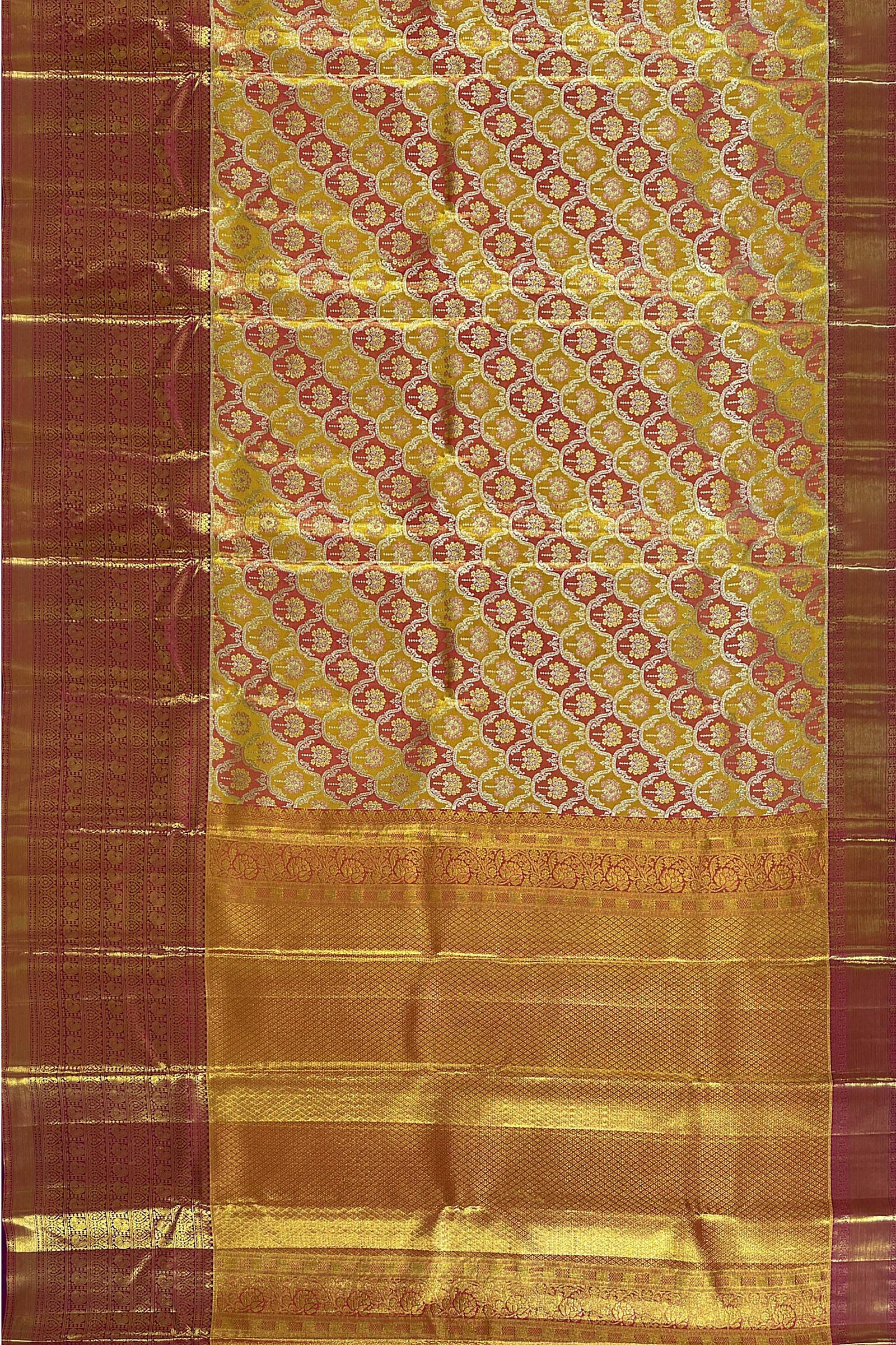 Vibrant Yellow & Marron Kanchipuram Silk Saree From Weavers and Best on Online