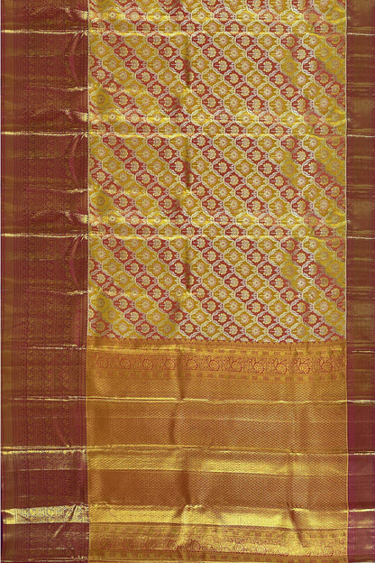 Vibrant Yellow & Marron Kanchipuram Silk Saree From Weavers and Best on Online