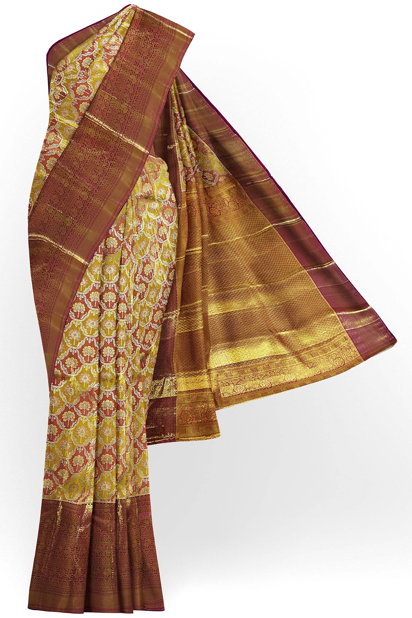 Vibrant Yellow & Marron Kanchipuram Silk Saree From Weavers and Best on Online