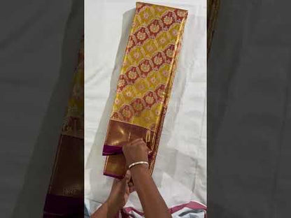 Vibrant Yellow & Marron Kanchipuram Silk Saree